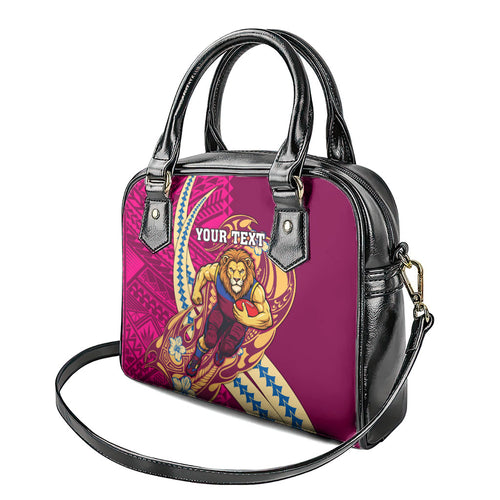 Personalized Brisbane Lions Shoulder Handbag Polynesian Tribal Lion Mascot With Hibiscus Floral Art