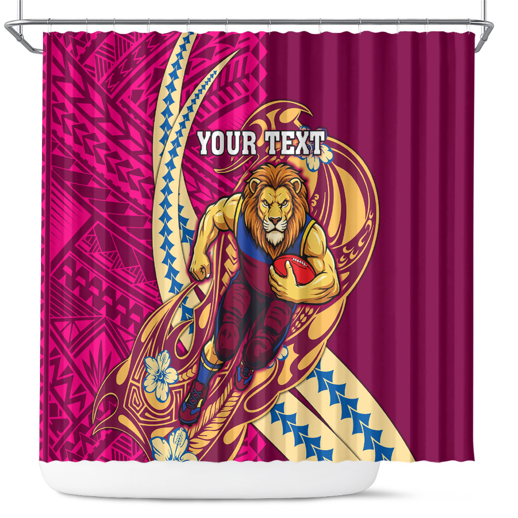 Personalized Brisbane Lions Shower Curtain Polynesian Tribal Lion Mascot With Hibiscus Floral Art