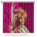 Personalized Brisbane Lions Shower Curtain Polynesian Tribal Lion Mascot With Hibiscus Floral Art