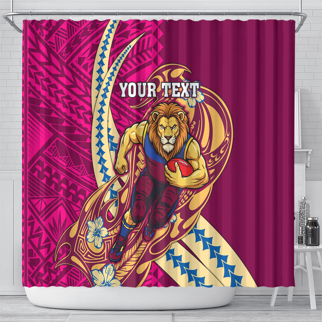 Personalized Brisbane Lions Shower Curtain Polynesian Tribal Lion Mascot With Hibiscus Floral Art