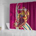 Personalized Brisbane Lions Shower Curtain Polynesian Tribal Lion Mascot With Hibiscus Floral Art