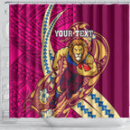 Personalized Brisbane Lions Shower Curtain Polynesian Tribal Lion Mascot With Hibiscus Floral Art