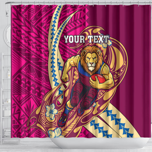 Personalized Brisbane Lions Shower Curtain Polynesian Tribal Lion Mascot With Hibiscus Floral Art