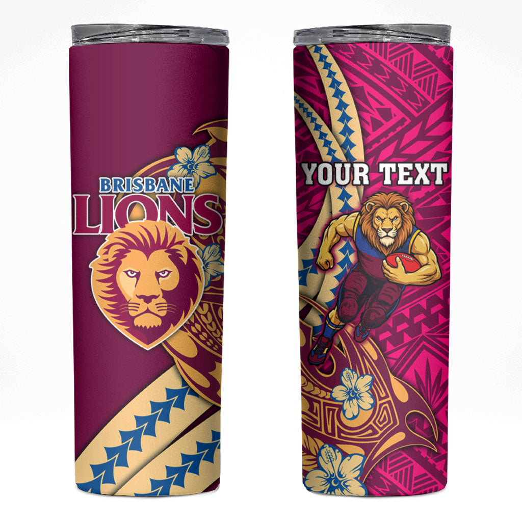Personalized Brisbane Lions Skinny Tumbler Polynesian Tribal Lion Mascot With Hibiscus Floral Art