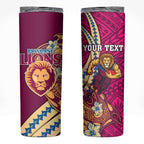 Personalized Brisbane Lions Skinny Tumbler Polynesian Tribal Lion Mascot With Hibiscus Floral Art