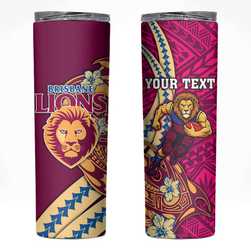 Personalized Brisbane Lions Skinny Tumbler Polynesian Tribal Lion Mascot With Hibiscus Floral Art