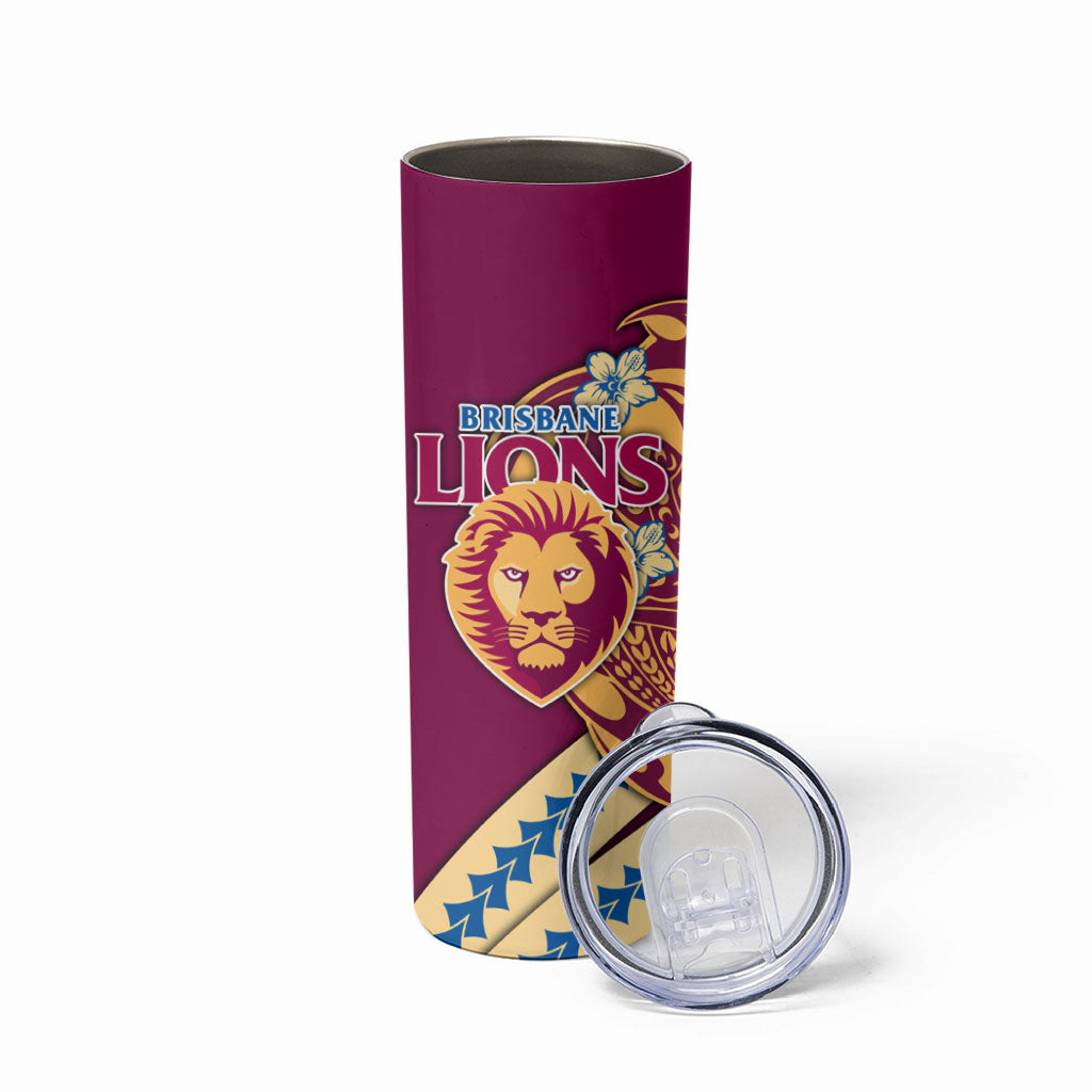 Personalized Brisbane Lions Skinny Tumbler Polynesian Tribal Lion Mascot With Hibiscus Floral Art