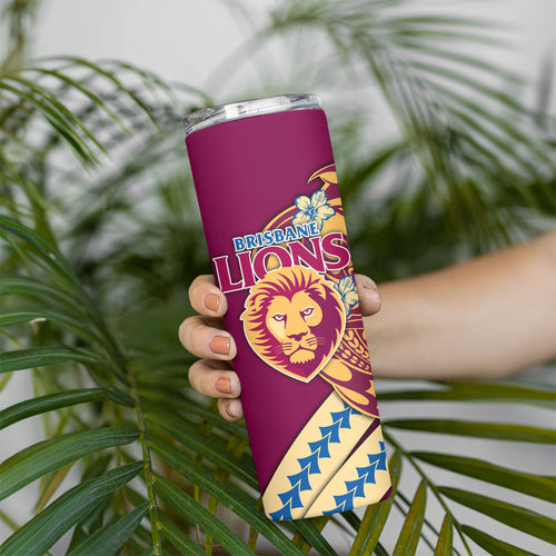 Personalized Brisbane Lions Skinny Tumbler Polynesian Tribal Lion Mascot With Hibiscus Floral Art