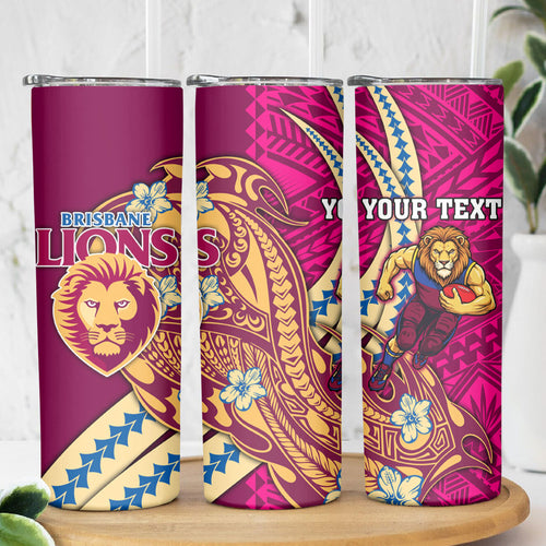Personalized Brisbane Lions Skinny Tumbler Polynesian Tribal Lion Mascot With Hibiscus Floral Art