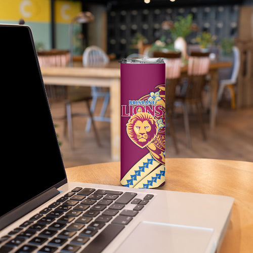 Personalized Brisbane Lions Skinny Tumbler Polynesian Tribal Lion Mascot With Hibiscus Floral Art