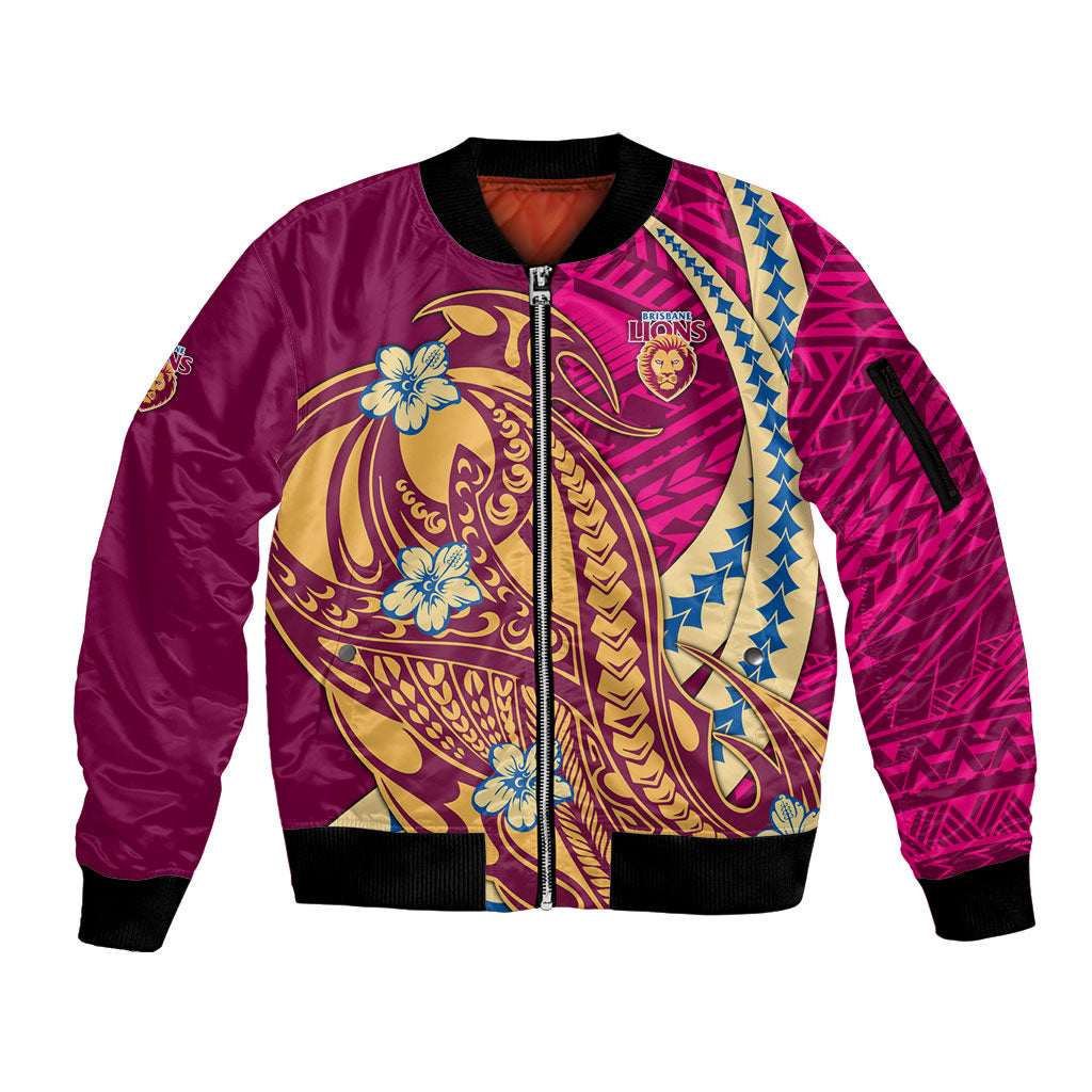 Personalized Brisbane Lions Sleeve Zip Bomber Jacket Polynesian Tribal Lion Mascot With Hibiscus Floral Art