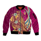 Personalized Brisbane Lions Sleeve Zip Bomber Jacket Polynesian Tribal Lion Mascot With Hibiscus Floral Art