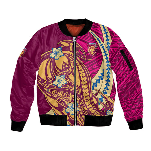 Personalized Brisbane Lions Sleeve Zip Bomber Jacket Polynesian Tribal Lion Mascot With Hibiscus Floral Art