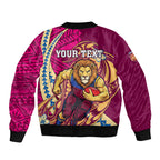 Personalized Brisbane Lions Sleeve Zip Bomber Jacket Polynesian Tribal Lion Mascot With Hibiscus Floral Art
