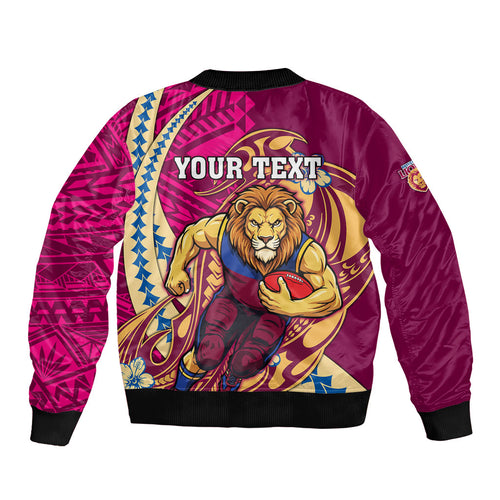 Personalized Brisbane Lions Sleeve Zip Bomber Jacket Polynesian Tribal Lion Mascot With Hibiscus Floral Art