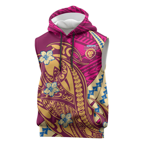 Personalized Brisbane Lions Sleeveless Hoodie Polynesian Tribal Lion Mascot With Hibiscus Floral Art