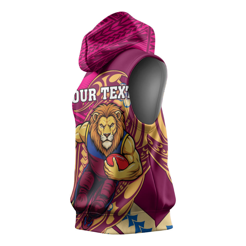 Personalized Brisbane Lions Sleeveless Hoodie Polynesian Tribal Lion Mascot With Hibiscus Floral Art