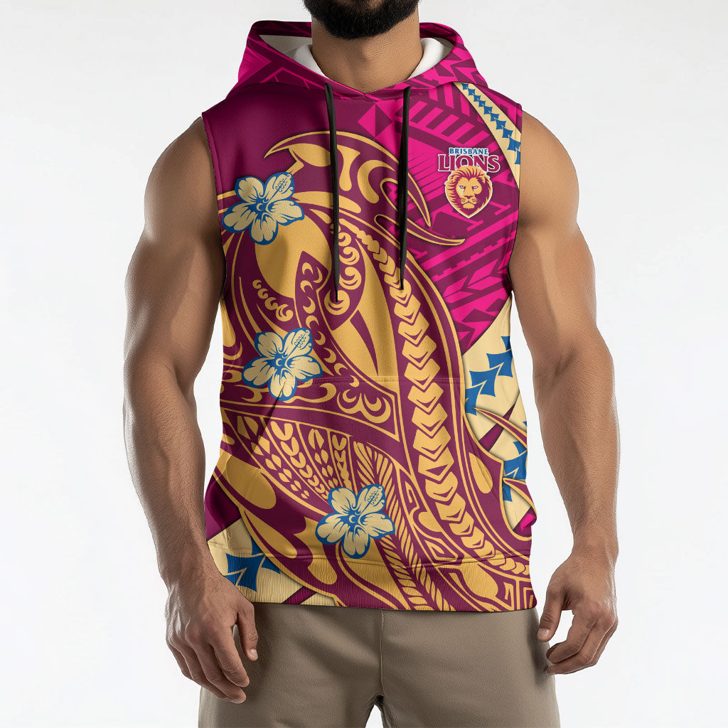Personalized Brisbane Lions Sleeveless Hoodie Polynesian Tribal Lion Mascot With Hibiscus Floral Art