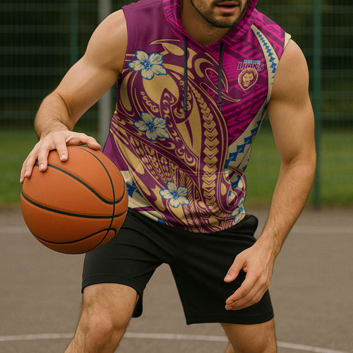 Personalized Brisbane Lions Sleeveless Hoodie Polynesian Tribal Lion Mascot With Hibiscus Floral Art