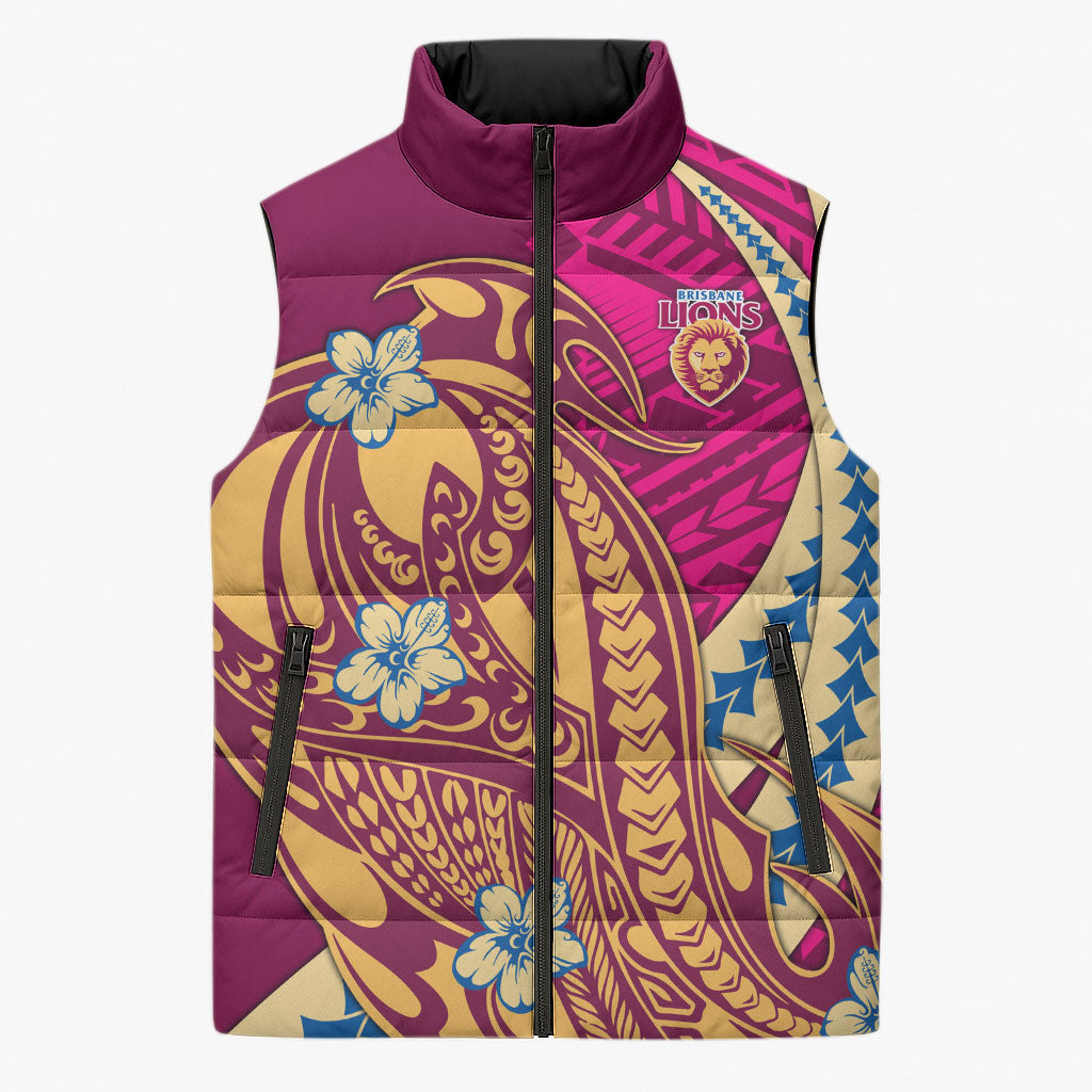 Personalized Brisbane Lions Sleeveless Puffer Jacket Polynesian Tribal Lion Mascot With Hibiscus Floral Art