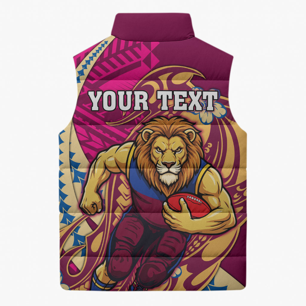 Personalized Brisbane Lions Sleeveless Puffer Jacket Polynesian Tribal Lion Mascot With Hibiscus Floral Art