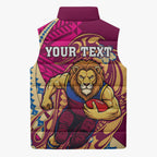 Personalized Brisbane Lions Sleeveless Puffer Jacket Polynesian Tribal Lion Mascot With Hibiscus Floral Art