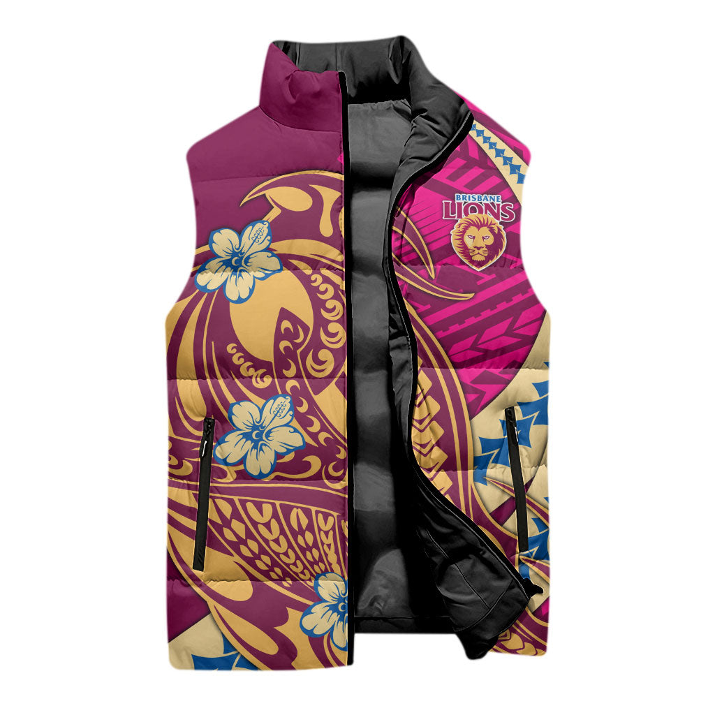 Personalized Brisbane Lions Sleeveless Puffer Jacket Polynesian Tribal Lion Mascot With Hibiscus Floral Art