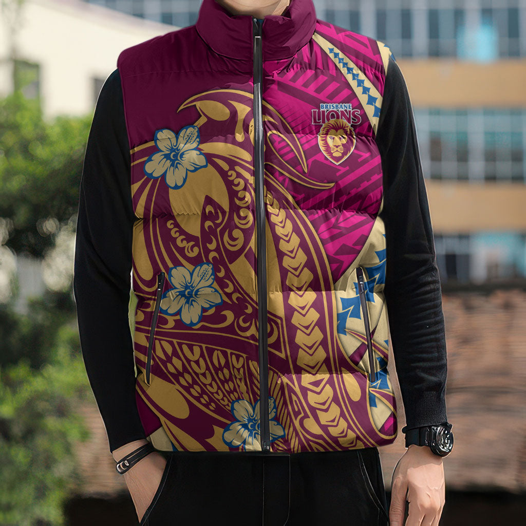 Personalized Brisbane Lions Sleeveless Puffer Jacket Polynesian Tribal Lion Mascot With Hibiscus Floral Art