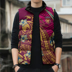Personalized Brisbane Lions Sleeveless Puffer Jacket Polynesian Tribal Lion Mascot With Hibiscus Floral Art