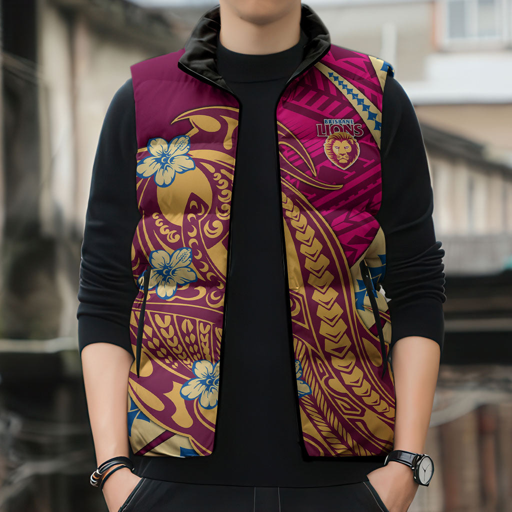 Personalized Brisbane Lions Sleeveless Puffer Jacket Polynesian Tribal Lion Mascot With Hibiscus Floral Art