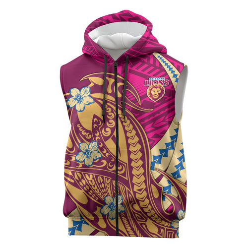 Personalized Brisbane Lions Sleeveless Zip Hoodie Polynesian Tribal Lion Mascot With Hibiscus Floral Art