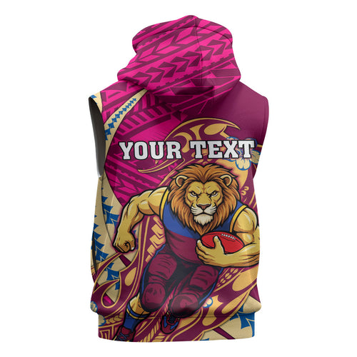 Personalized Brisbane Lions Sleeveless Zip Hoodie Polynesian Tribal Lion Mascot With Hibiscus Floral Art