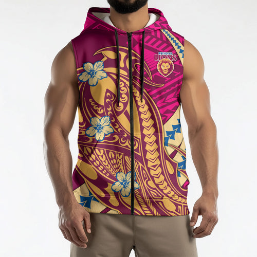Personalized Brisbane Lions Sleeveless Zip Hoodie Polynesian Tribal Lion Mascot With Hibiscus Floral Art