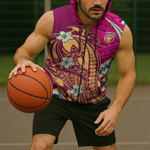 Personalized Brisbane Lions Sleeveless Zip Hoodie Polynesian Tribal Lion Mascot With Hibiscus Floral Art