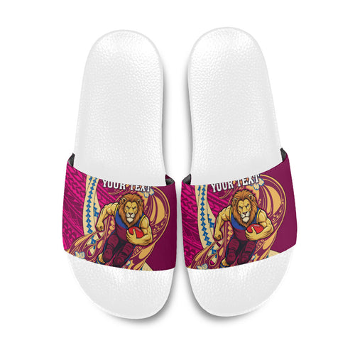 Personalized Brisbane Lions Slide Sandals Polynesian Tribal Lion Mascot With Hibiscus Floral Art