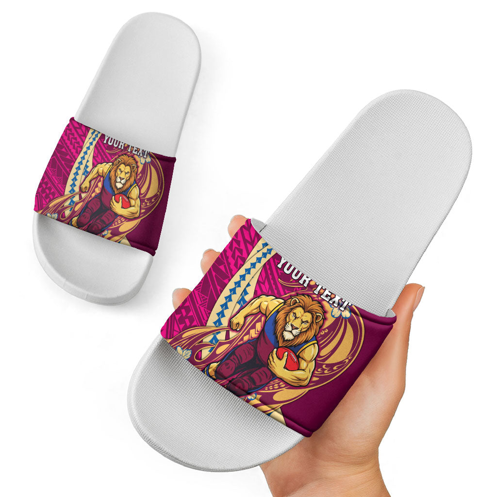 Personalized Brisbane Lions Slide Sandals Polynesian Tribal Lion Mascot With Hibiscus Floral Art