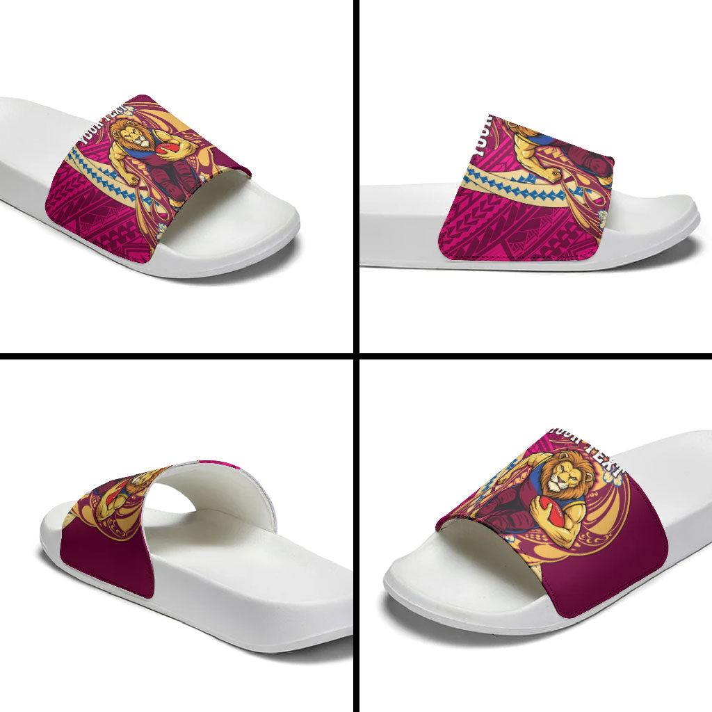 Personalized Brisbane Lions Slide Sandals Polynesian Tribal Lion Mascot With Hibiscus Floral Art