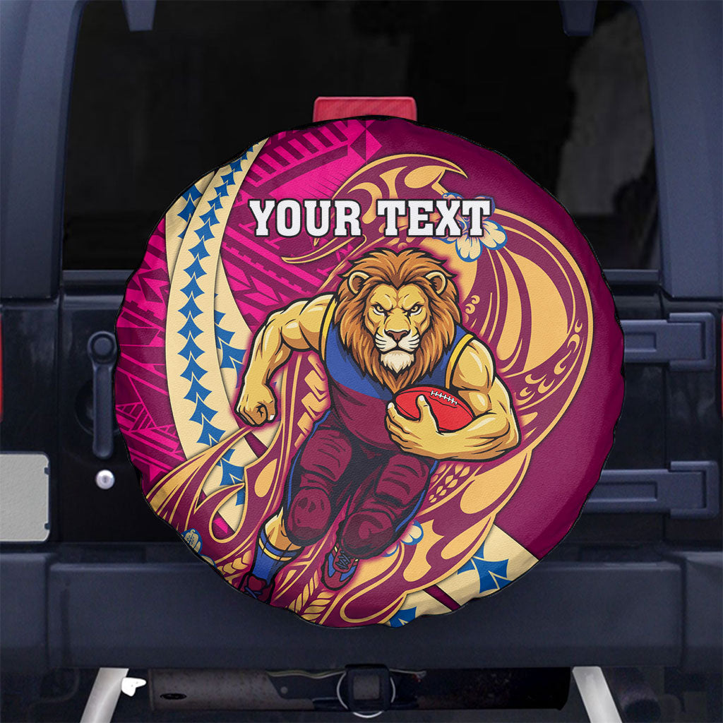Personalized Brisbane Lions Spare Tire Cover Polynesian Tribal Lion Mascot With Hibiscus Floral Art