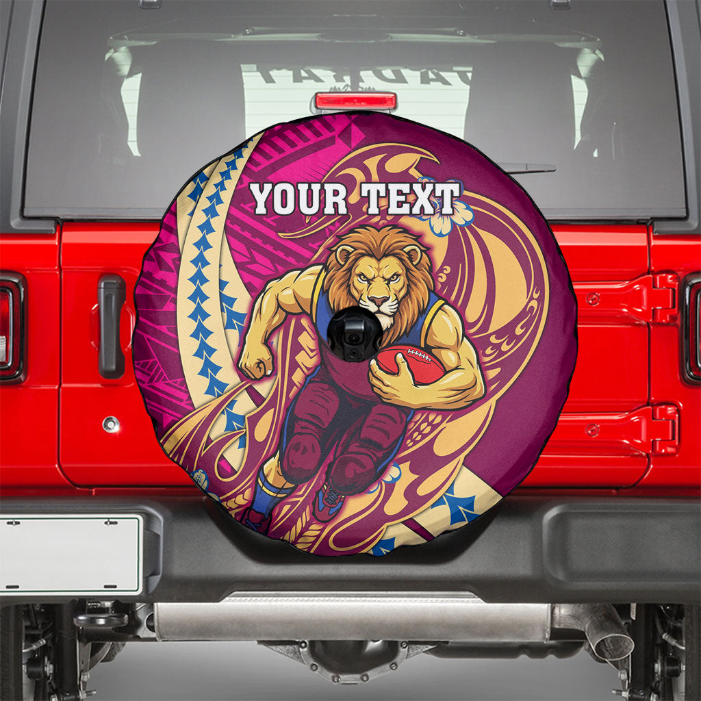 Personalized Brisbane Lions Spare Tire Cover Polynesian Tribal Lion Mascot With Hibiscus Floral Art