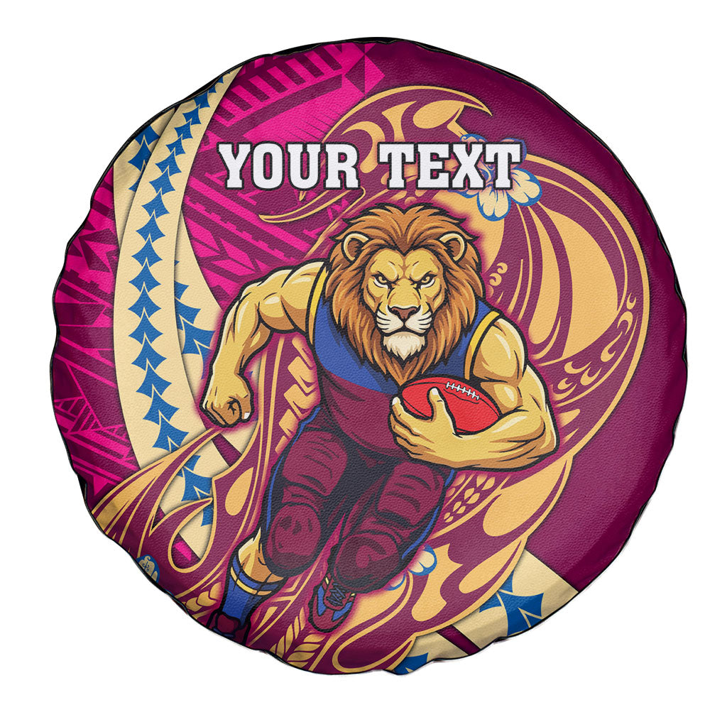 Personalized Brisbane Lions Spare Tire Cover Polynesian Tribal Lion Mascot With Hibiscus Floral Art