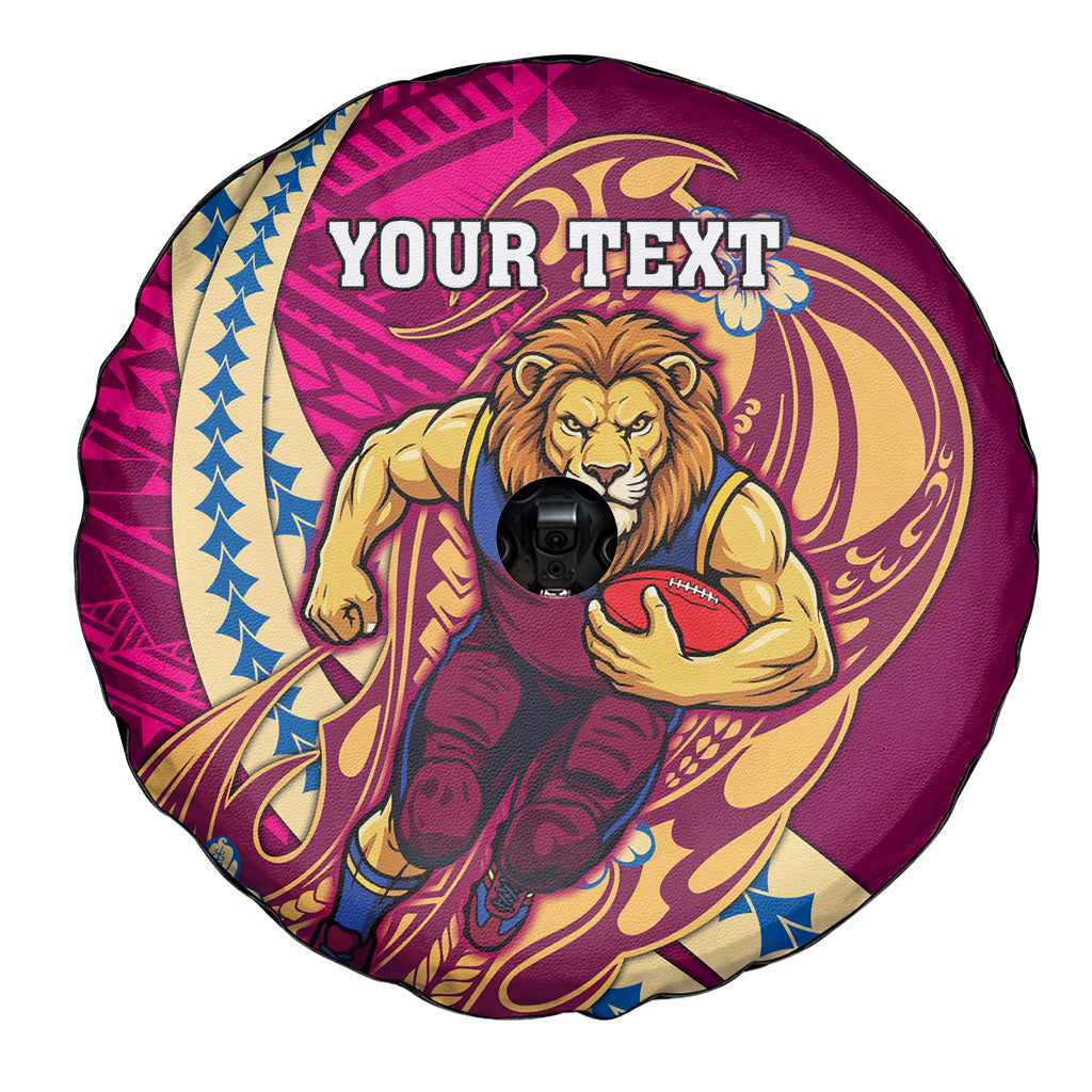 Personalized Brisbane Lions Spare Tire Cover Polynesian Tribal Lion Mascot With Hibiscus Floral Art