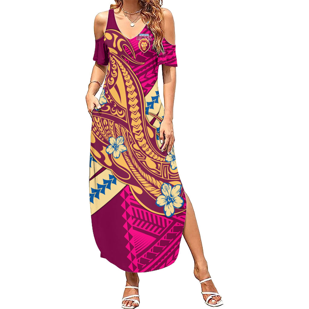 Personalized Brisbane Lions Summer Maxi Dress Polynesian Tribal Lion Mascot With Hibiscus Floral Art