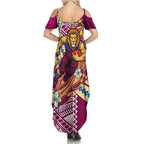 Personalized Brisbane Lions Summer Maxi Dress Polynesian Tribal Lion Mascot With Hibiscus Floral Art