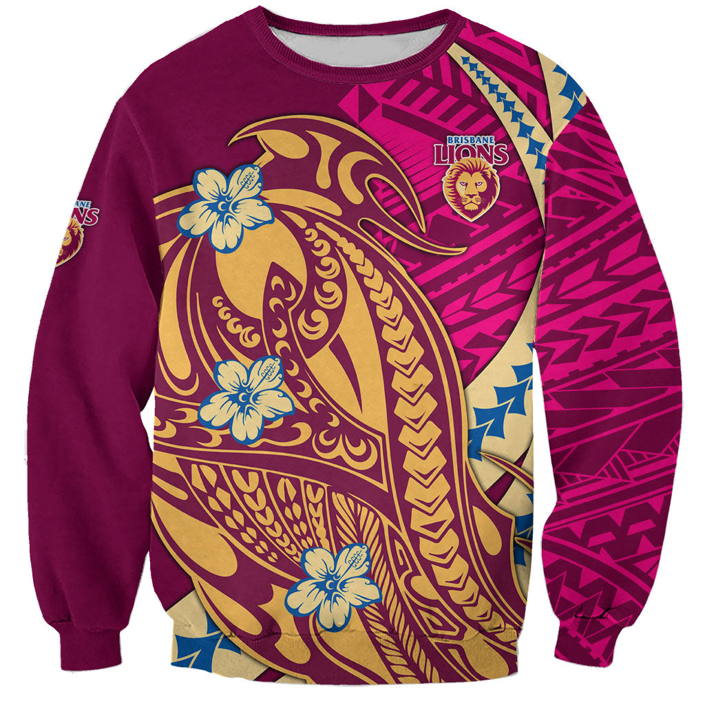 Personalized Brisbane Lions Sweatshirt Polynesian Tribal Lion Mascot With Hibiscus Floral Art