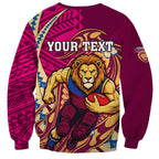 Personalized Brisbane Lions Sweatshirt Polynesian Tribal Lion Mascot With Hibiscus Floral Art