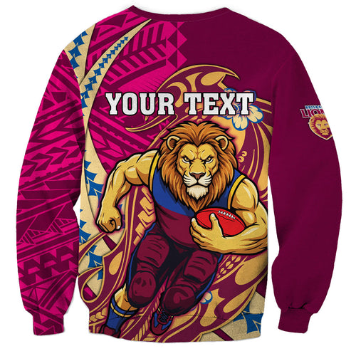 Personalized Brisbane Lions Sweatshirt Polynesian Tribal Lion Mascot With Hibiscus Floral Art