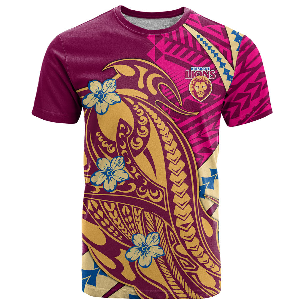 Personalized Brisbane Lions T Shirt Polynesian Tribal Lion Mascot With Hibiscus Floral Art