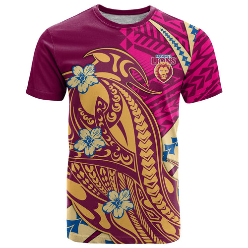 Personalized Brisbane Lions T Shirt Polynesian Tribal Lion Mascot With Hibiscus Floral Art