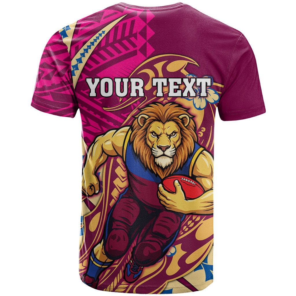 Personalized Brisbane Lions T Shirt Polynesian Tribal Lion Mascot With Hibiscus Floral Art