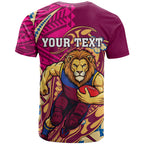 Personalized Brisbane Lions T Shirt Polynesian Tribal Lion Mascot With Hibiscus Floral Art